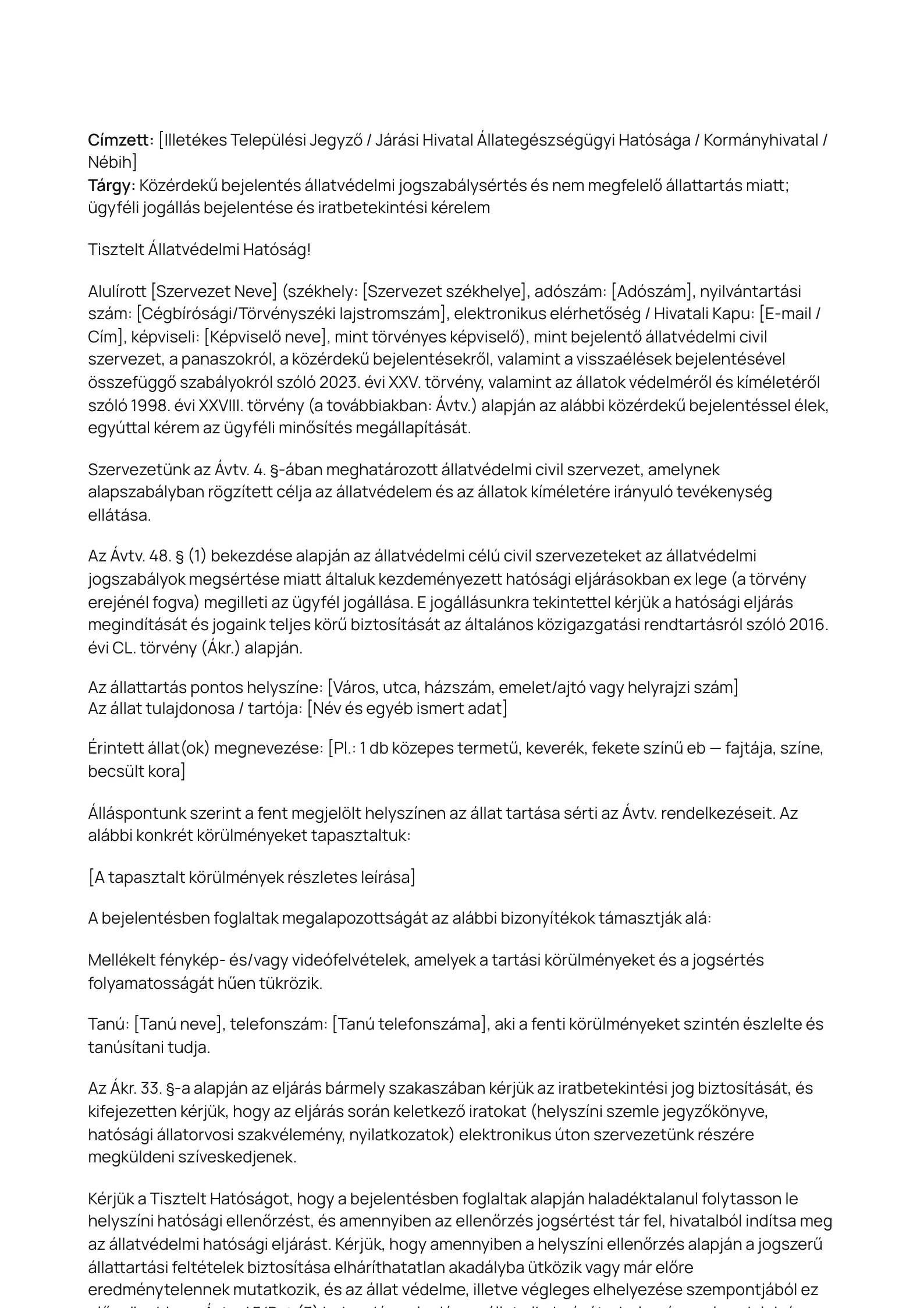Az „Állatvédelmi bejelentés – állatvédelmi szervezet” minta nyomtatható változatának előnézete