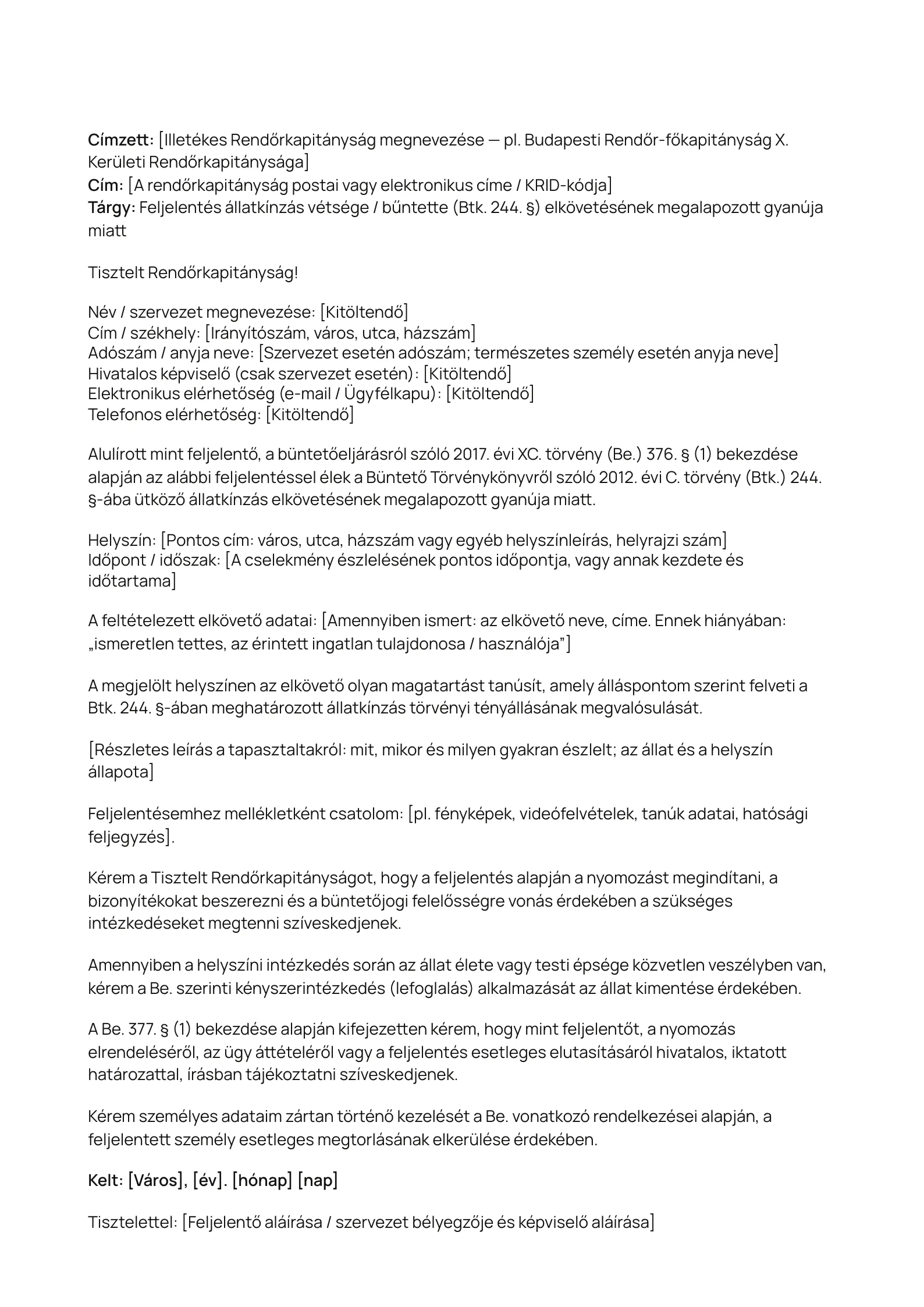 A „Feljelentés állatkínzás miatt” minta nyomtatható változatának előnézete