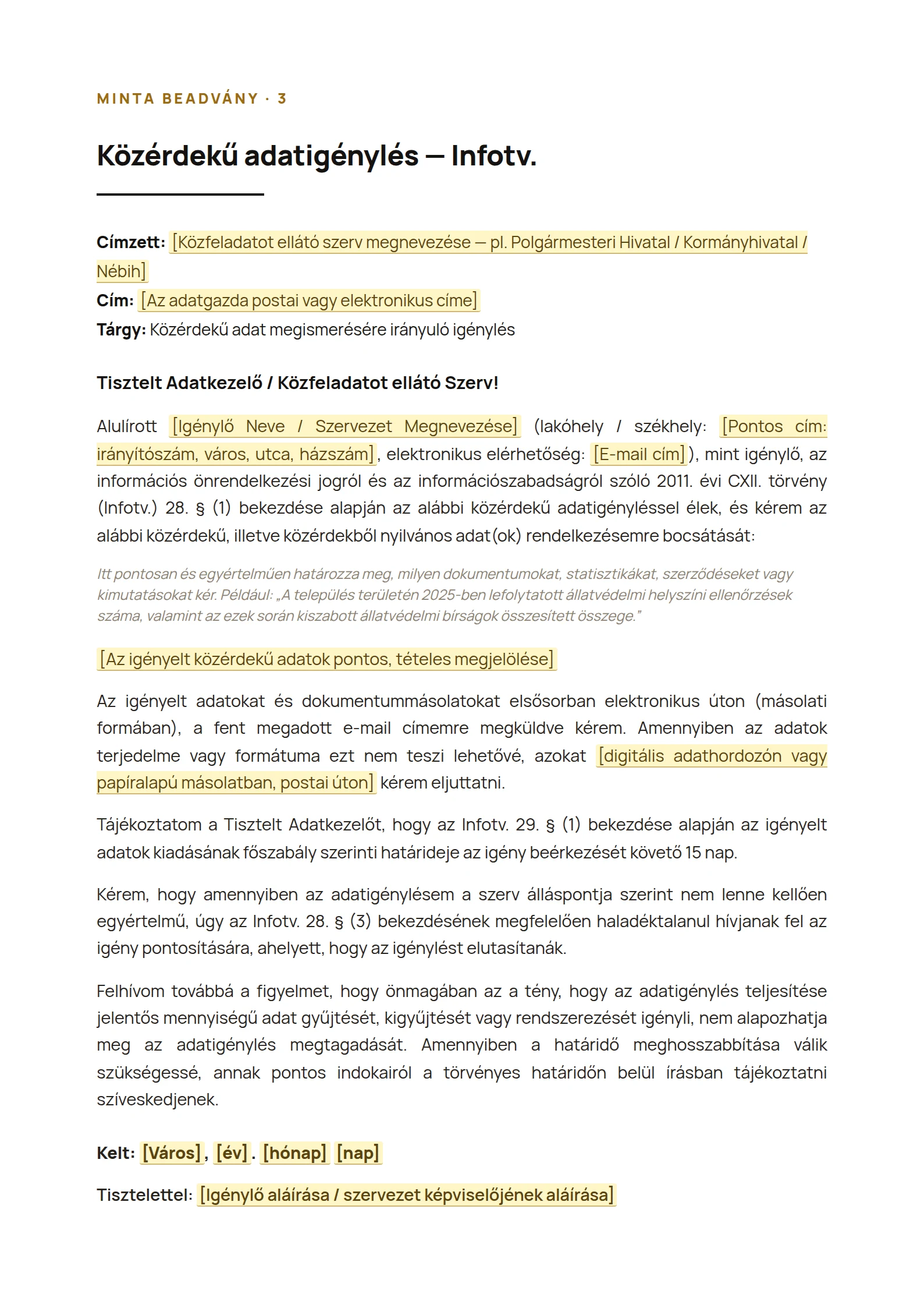 A „Közérdekű adatigénylés” minta nyomtatható változatának előnézete