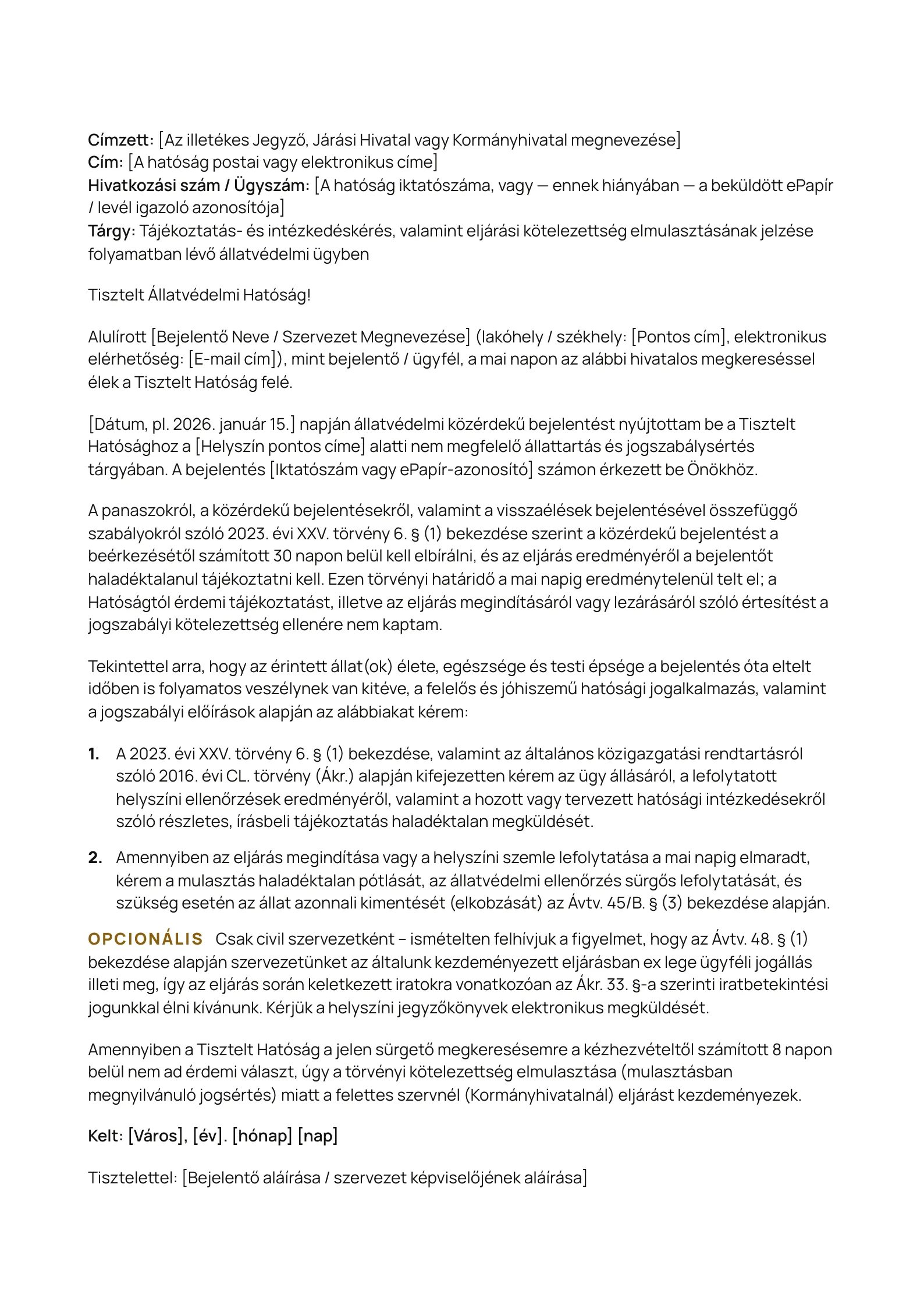 A „Tájékoztatás- és intézkedéskérés” minta nyomtatható változatának előnézete