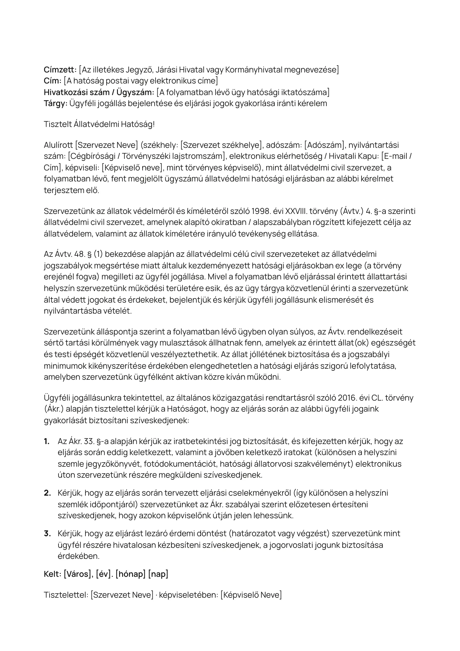 Az „Ügyféli jogállás iránti kérelem” minta nyomtatható változatának előnézete
