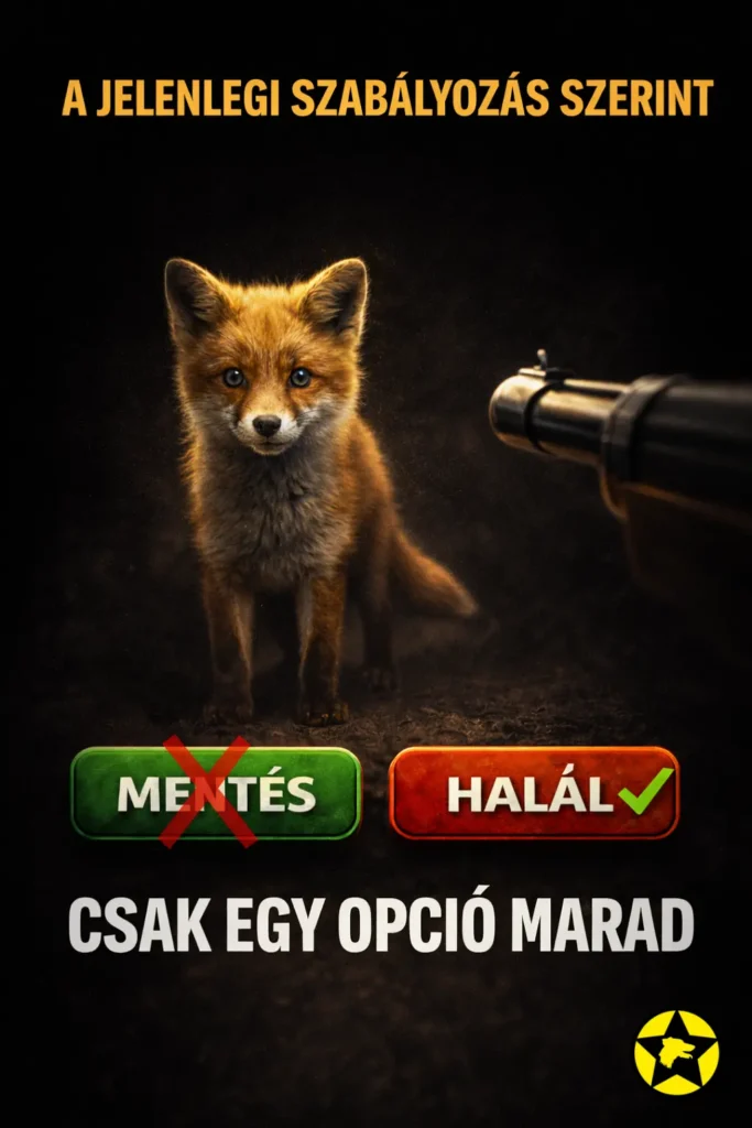 Kölyök róka egy puskacsővel szemben. A képen két gomb látható: a „Mentés” gomb áthúzva, míg a „Halál” gomb zöld pipával jelölve, utalva arra, hogy a jelenlegi szabályozás nem biztosít mentési lehetőséget a vadászható fajok számára